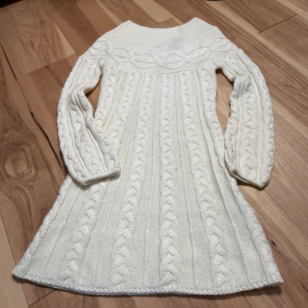 Moda International Sweater Dress Womens M Y2K Cream Cable Knit Off Shoulder